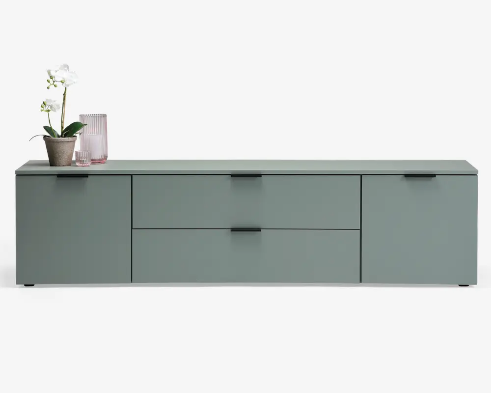 Rektangulært skab med mat salviegrøn finish, to store skuffer i midten og en låge på hver side. Skabet har minimalistiske sorte greb og en glat, flad topplade. Dekorative genstande, herunder en orkidé i potte og en rillet glasvase, står på venstre side af toppen.