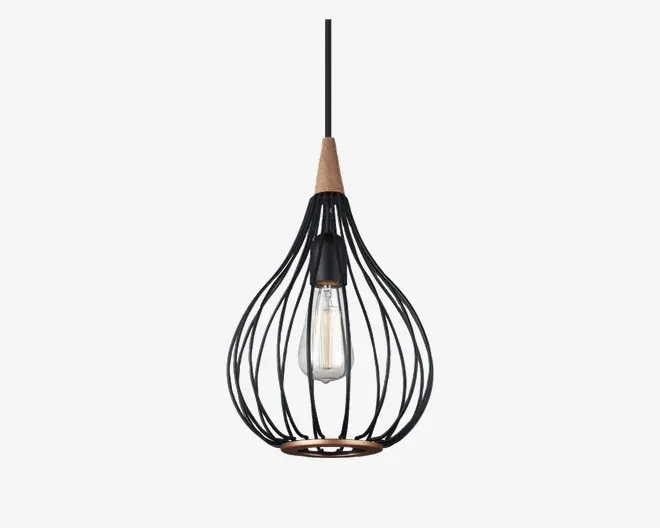 Hængelampe med en dråbeformet åben metalramme i mat sort, der har en synlig vintage Edison-pære i midten. Lampens top har en trædetalje, og pæren hænger centralt i buret. Designet kombinerer industrielle og moderne elementer, velegnet til moderne indretning.