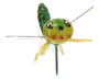 En dekorativ havefigur formet som et fantasifuldt insekt med en rund gul og grøn krop, store tegneserieagtige øjne, røde kinder og en lille sort næse. Den har to gule ben, to tynde metalvinger og en grøn bladlignende hale. Figuren er monteret på en tynd metalpind, så den nemt kan placeres i jorden.
