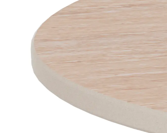 Nærbillede af en afrundet kant med en lys træstruktur på oversiden og en glat, let skrå kant. Træstrukturen er diskret og jævnt fordelt, hvilket giver et naturligt og rent udseende.