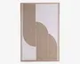Rektangulært vægkunst med et minimalistisk geometrisk design i guld og hvid. Kunstværket viser en række parallelle gyldne linjer, der danner to krydsende halvcirkelformede buer og skaber et moderne, abstrakt mønster. Værket er indrammet med en lys træramme.