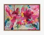 Et indrammet abstrakt maleri med markante penselstrøg i pink, magenta, turkis, gul og hvid, som skaber en livlig, blomsterlignende komposition.