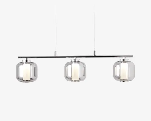 Moderne loftlampe med tre cylindriske glasskærme, hver med en matteret indre diffuser, der giver et blødt lys. Lampen er monteret på to slanke, lodrette metalstænger og en vandret stang med en blank kromfinish, hvilket giver et elegant og nutidigt udtryk.