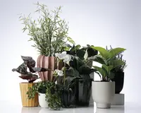 En samling kunstige potteplanter i forskellige keramiske potter. Planterne omfatter en blanding af grønne blade, en hvid orkidé og en fredslilje, hvor nogle potter har hængende ranker. Potterne varierer i form, størrelse og farve, herunder hvid, gul, lyserød, grøn og sort, og nogle har riflede eller rillede overflader. Arrangementet viser forskellige plantetyper og potte-designs, velegnet til bolig- eller kontorindretning.