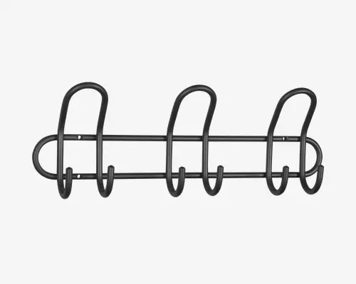 Væghængt rack lavet af sort metal med et moderne, minimalistisk design. Har tre store, buede kroge og tre mindre kroge, alle integreret i en enkelt ramme. Krogene er jævnt fordelt og giver flere ophængningsmuligheder til eksempelvis jakker, tasker eller tilbehør. Den robuste konstruktion sikrer holdbarhed, og den elegante finish giver et moderne udtryk.