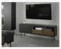 Et moderne TV-bord med mat sort finish og trædetaljer. Møblet har skråtstillede træben, en stor sort låge til venstre og to åbne hylder til højre – den ene med træfront og lille greb. På den åbne hylde står en hvid æske og en grå æske. Bordpladen er dekoreret med en lille potteplante. Designet er minimalistisk og nutidigt.