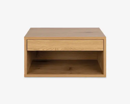 Rektangulær træenhed med naturlig egetræsfinish, udstyret med en bred skuffe øverst og en åben hylde nedenunder. Designet er minimalistisk med rene linjer og en glat overflade, velegnet til moderne indretning.