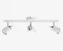 Moderne loftmonteret spotlys med tre justerbare cylindriske lamper i mat hvid finish og kromdetaljer. Spotlamperne kan vinkles individuelt for at rette lyset efter behov. Armaturet har et enkelt og minimalistisk design, der passer til moderne indretning.
