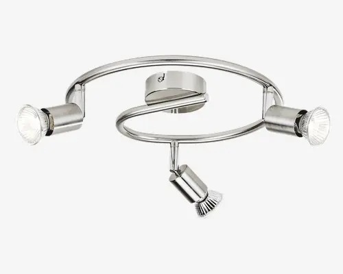 Moderne loftlampe med tre justerbare spots monteret på en cirkelformet metalramme med kromfinish. Hver spot kan rettes individuelt, hvilket giver mulighed for fleksibel belysning. Lampen har et stilrent, moderne design med en blank overflade og en central monteringsbase til sikker fastgørelse i loftet.