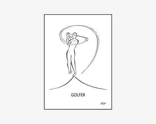 Minimalistisk stregtegning, der viser en person i en golfsving-position med en golfkølle over skulderen. Linjerne er glatte og sammenhængende og fanger bevægelsen i svinget. Ordet 'GOLFER' står under figuren, og der er en lille kunstnersignatur i nederste højre hjørne.