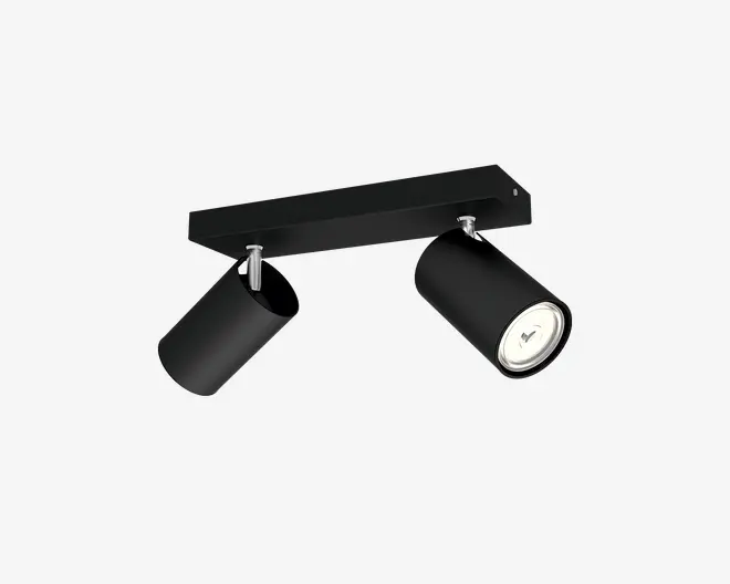 Mat sort dobbelt justerbar spotlampe med rektangulær loftsmontering og to cylindriske lampespots, der er vinklet i forskellige retninger.
