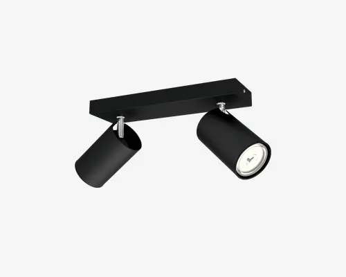 Mat sort dobbelt justerbar spotlampe med rektangulær loftsmontering og to cylindriske lampespots, der er vinklet i forskellige retninger.