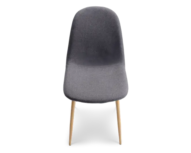 Stol med glat, buet ryglæn og sæde betrukket med mørkegråt stof. Stolen har slanke, lyse træben, der er let udadgående, hvilket giver et moderne og minimalistisk udtryk.