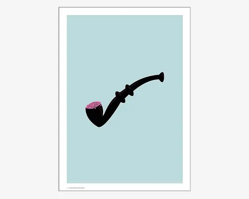 Minimalistisk illustration med en sort rygepibe med buet skaft og en skål fyldt med små, lyserøde kugler. Piben er centreret på en lyseblå baggrund, og det samlede design er enkelt og moderne med rene linjer.