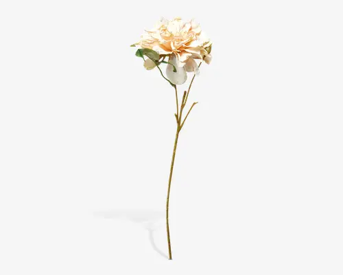 Kunstig blomsterstilk med en stor, fyldig blomst, der har lagdelte, bløde fersken- og cremefarvede kronblade. Stilken er lang og slank med en naturlig grøn farve og har flere små grønne blade tæt på blomsterhovedet. Kronbladene har en realistisk tekstur og fine farveovergange, hvilket giver blomsten et naturtro udseende.