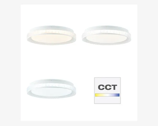Rundt loftarmatur med hvid ramme og matteret diffuser, vist med tre forskellige farvetemperaturer: varm hvid, neutral hvid og kold hvid. Armaturet har et slankt, moderne design og mulighed for at vælge farvetemperatur (CCT), hvilket fremgår af CCT-ikonet med en gul-til-blå farvegradient.