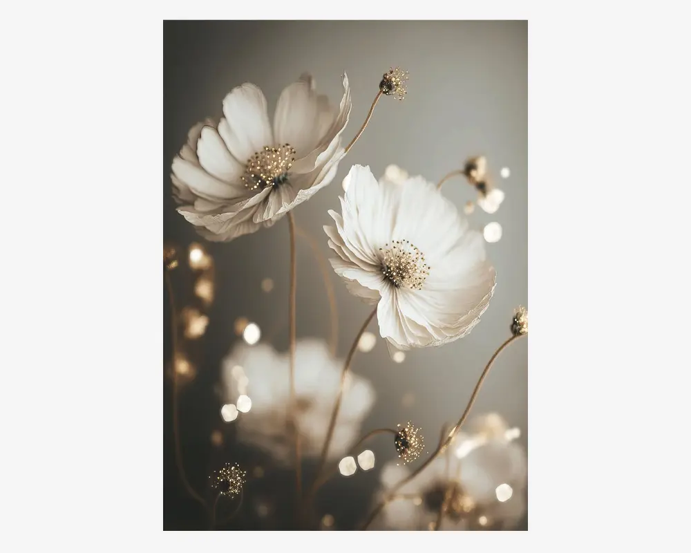 Et nærbillede af sarte hvide blomster med bløde, lagdelte kronblade og gule midter, sat mod en sløret, neutral baggrund. Billedet har en blid, drømmende stemning med varm belysning og subtile bokeh-effekter, der fremhæver de fine detaljer i kronblade og stilke.