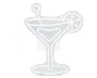 En stiliseret omridsillustration af et cocktailglas med bred kant og lang stilk. Glasset indeholder en rørepind og er pyntet med en skive citrusfrugt på kanten. Designet er enkelt og bruger lysegrå linjer på en gennemsigtig baggrund.