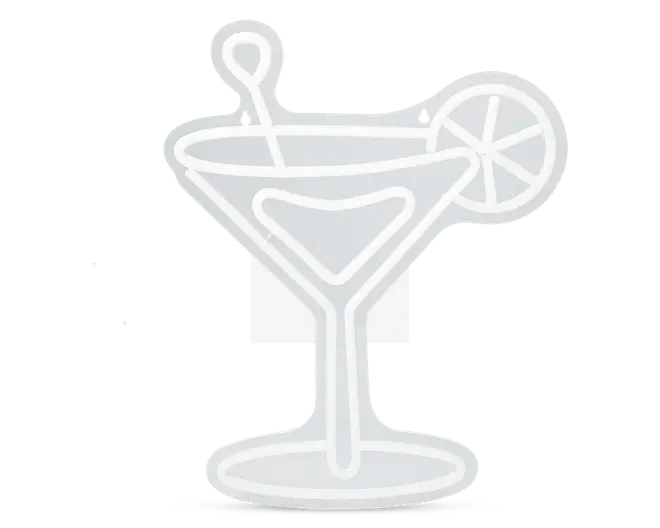 En stiliseret omridsillustration af et cocktailglas med bred kant og lang stilk. Glasset indeholder en rørepind og er pyntet med en skive citrusfrugt på kanten. Designet er enkelt og bruger lysegrå linjer på en gennemsigtig baggrund.