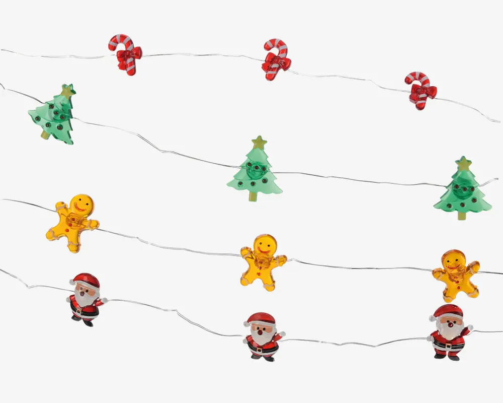 En festlig guirlande med fire forskellige typer farverige julemotiver: røde sløjfer, grønne juletræer med pynt, gule honningkagemænd med smilende ansigter og julemandsfigurer i røde dragter. Ornamenterne er jævnt fordelt på en tynd snor og skaber en glad og legende dekoration, der er velegnet til ophængning på vægge eller tværs over rum i juletiden.