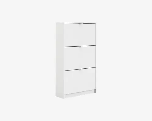 Elegant, moderne skab med mat hvid finish, udstyret med tre store frontpaneler, der åbnes nedad for nem adgang. Designet er minimalistisk med rene linjer og uden synlige greb, hvilket gør det velegnet til moderne indretning. Skabet står på en flad sokkel og har en slank profil, ideel til smalle rum.
