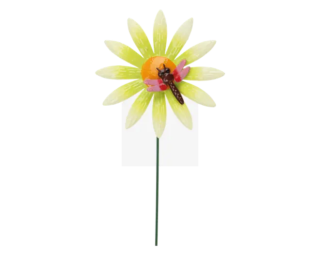 Dekorativt element med en stor gul blomst med gennemsigtige kronblade og en orange midte. På midten sidder en detaljeret guldsmed med lyserøde vinger og brun krop. Blomsten er monteret på en lang, slank grøn stilk.