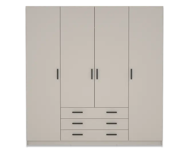 Et stort, moderne garderobeskab med mat lysebeige finish. Skabet har fire høje låger med slanke sorte greb, der giver god plads til ophængning og opbevaring. Under de to midterste låger er der tre rummelige skuffer, hver med to vandrette sorte greb, som giver ekstra opbevaringsplads til sammenlagt tøj eller tilbehør. Designet er minimalistisk og funktionelt, velegnet til moderne indretning.