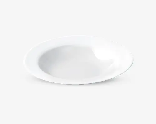 En rund, hvid skål med en glat, blank overflade og bred kant. Skålen har en lav dybde, hvilket gør den velegnet til servering af supper, salater eller pasta. Det minimalistiske design og de rene linjer giver den et moderne og alsidigt udseende.