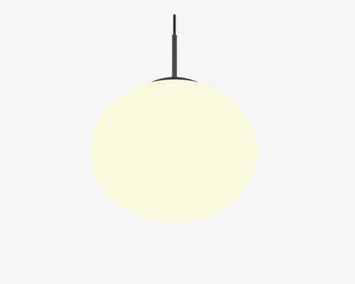 En kugleformet pendellampe med en glat, mat hvid glasskærm, der udsender et blødt og diffust lys. Lampen hænger i en slank, sort metalstang, hvilket giver et moderne og minimalistisk udtryk. Glasskærmen er sømløs og jævnt oplyst, velegnet til moderne indretning.