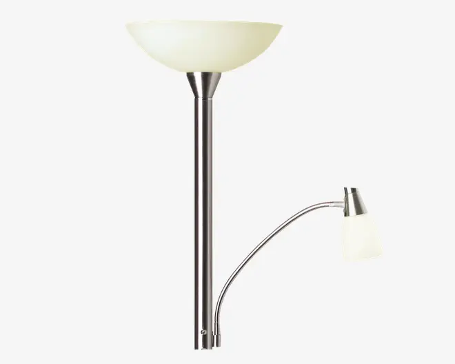 Høj lampe med børstet metalfinish, der har en opadrettet skålformet skærm i mat glas øverst samt en ekstra justerbar læselampe med en mindre mat glasskærm, som sidder på en buet arm midt på hovedstangen.