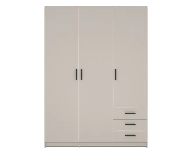 Et moderne garderobeskab med mat beige finish, der har tre høje låger med slanke sorte greb. På højre side er der tre vandrette skuffer stablet oven på hinanden, hver med et matchende sort greb. Designet er minimalistisk og funktionelt og giver god opbevaringsplads til tøj og tilbehør.