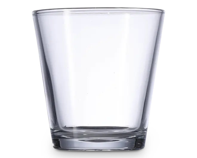 Klar, gennemsigtig drikkeglas med let konisk form, bredere foroven og smallere forneden. Glasset har en tyk, solid bund for stabilitet og holdbarhed samt glatte, lige sider for et behageligt greb. Randen er afrundet for nem drikning.