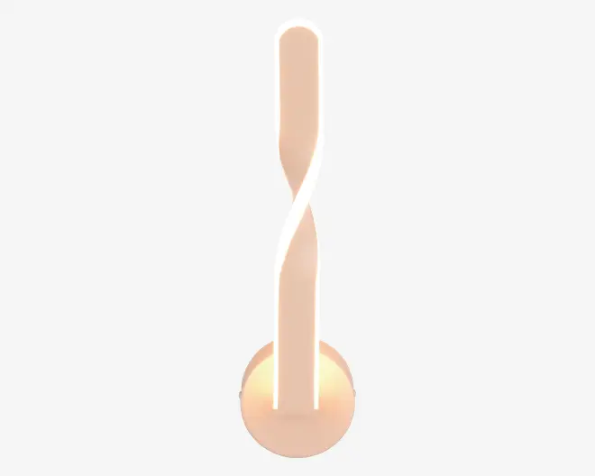 En moderne, minimalistisk lampe med spiralformet design. Lampen har et blødt, varmt hvidt lys, der følger strukturenes snoede form og skaber et elegant og kunstnerisk udtryk. Den står på en rund, flad fod og har en glat, mat overflade i en lys beige eller rosa farve. Lampen er sandsynligvis touch-aktiveret eller har en skjult kontakt for et strømlinet udseende.