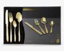 Sæt bestik i guldfarvet mat finish, inklusive gafler, knive, spiseskeer og teskeer. Håndtagene er slanke og let afrundede for et moderne udseende. Sættet leveres i en sort æske med formstøbt indsats, der holder hvert stykke på plads. Emballagen fremhæver det elegante design og viser billeder af bestikket på forsiden.