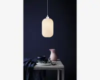 En pendellampe med en lodret rillet, mat hvid glasskærm i en aflang oval form. Lampen udsender et blødt, varmt lys og hænger i en tynd hvid ledning. Designet er minimalistisk og moderne, velegnet til nutidige indretninger.