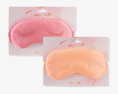 To satin-sovemasker i pastelfarver, én i lyserød og én i fersken. Den lyserøde maske har et trykt design med lukkede øjenvipper, mens ferskenmasken har en diskret tekst, der ser ud til at sige 'Sweet Dreams'. Begge masker har en blød, glat overflade og en elastisk rem for behagelig pasform, og de er pakket individuelt.
