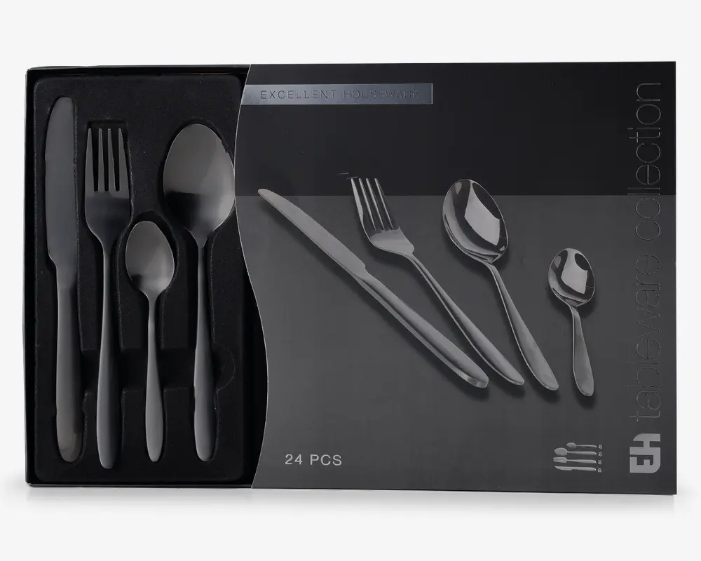 Et sæt med 24 bestikdele i rustfrit stål, herunder knive, gafler, spiseskeer og teskeer. Bestikket har et moderne, slankt design med mat finish og glatte, afrundede håndtag. Sættet er pænt arrangeret i en sort skumindsats for sikker opbevaring og præsentation.