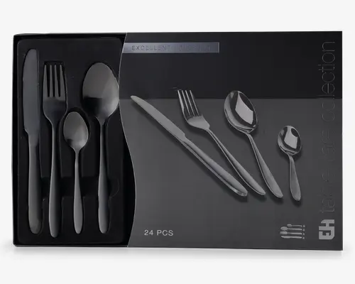 Et sæt med 24 bestikdele i rustfrit stål, herunder knive, gafler, spiseskeer og teskeer. Bestikket har et moderne, slankt design med mat finish og glatte, afrundede håndtag. Sættet er pænt arrangeret i en sort skumindsats for sikker opbevaring og præsentation.