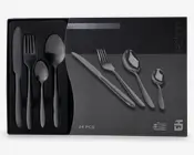 Et sæt med 24 bestikdele i rustfrit stål, herunder knive, gafler, spiseskeer og teskeer. Bestikket har et moderne, slankt design med mat finish og glatte, afrundede håndtag. Sættet er pænt arrangeret i en sort skumindsats for sikker opbevaring og præsentation.