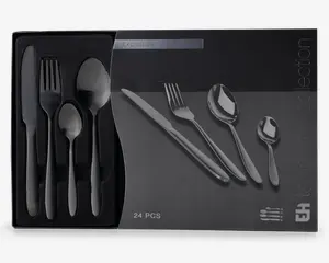 Et sæt med 24 bestikdele i rustfrit stål, herunder knive, gafler, spiseskeer og teskeer. Bestikket har et moderne, slankt design med mat finish og glatte, afrundede håndtag. Sættet er pænt arrangeret i en sort skumindsats for sikker opbevaring og præsentation.