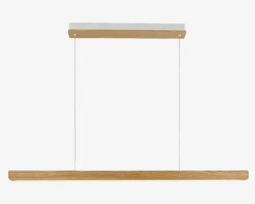 Rektangulært loftmonteret armatur med et minimalistisk design, der har en lang, vandret træstang i bunden og en tilsvarende trædetalje på loftpladen. To slanke metalstænger forbinder loftpladen med træstangen, hvilket giver et svævende udtryk. Træet har en naturlig finish, og metaldele er sølvfarvede, hvilket giver et moderne og rent udtryk.