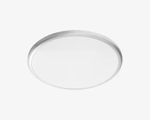 Et rundt, fladt fad med en glat, let forhøjet kant. Fadet har et enkelt og minimalistisk design og ser ud til at være lavet af metal med en mat overflade. Overfladen er ensfarvet og uden dekoration, velegnet til servering eller transport af genstande.