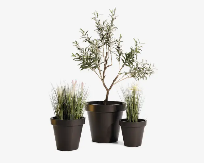 Sæt med tre kunstige planter i sorte plastikpotter. Den største plante har en træ-lignende struktur med flere grene og tæt, broget grønt løv. De to mindre planter har høje, slanke blade, der ligner græs, med hvide spidser, hvilket giver et blødt og naturligt udtryk. Alle potter har en enkel, mat overflade og en let konisk form.