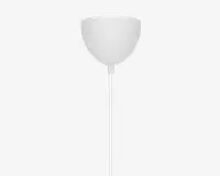 Et nærbillede af en hvid, halvkugleformet loftroset med en glat, mat overflade. Rosetten er fastgjort til en lige, hvid ledning eller stang, der går nedad. Designet er minimalistisk og moderne med rene linjer og uden synlige dekorative elementer eller beslag.