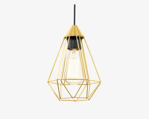 Hængelampe med et geometrisk, åbent stel i guldfinish. Stellet er formet som en facetslebet diamant og omkranser en enkelt synlig pære. Lampens top har en mat sort og gylden fatning, og lampen hænger i en sort ledning. Designet er moderne og industrielt, velegnet til nutidige indretninger.
