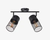 Loftmonteret lampearmatur med to justerbare cylindriske lamper. Hver lampe har en sort metalnet-skærm, som gør pæren synlig og giver et industrielt udtryk. Armaturet er fastgjort til en rund base og en vandret stang, hvor lamperne er vinklet for retningsbestemt belysning.