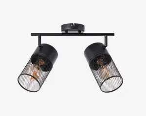 Loftmonteret lampearmatur med to justerbare cylindriske lamper. Hver lampe har en sort metalnet-skærm, som gør pæren synlig og giver et industrielt udtryk. Armaturet er fastgjort til en rund base og en vandret stang, hvor lamperne er vinklet for retningsbestemt belysning.