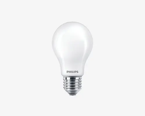 Mat glas pære med standard E27 skruefatning, rund top og glat hvid overflade. Mærket 'PHILIPS' er trykt nær soklen. Pæren har et klassisk A-formet design, velegnet til almindelig belysning.