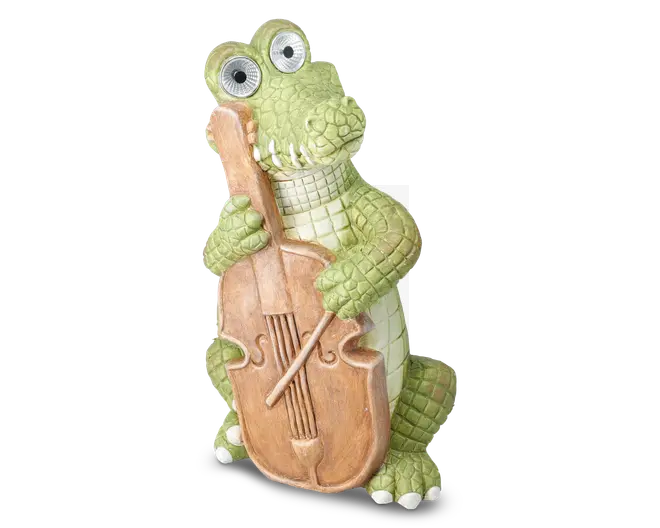 En finurlig figur af en grøn krokodille med teksturerede skæl og store, tegneserieagtige øjne, der holder en brun cello. Krokodillen har et venligt udtryk og er poseret, som om den spiller på instrumentet, med den ene hånd på halsen og den anden på cellokroppen. Figuren har detaljeret udformning både på krokodillen og celloen, hvilket giver den et legende og charmerende udseende.