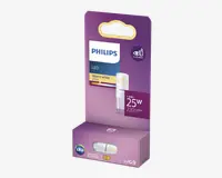 Lille LED-pære med G9-fatning, der udsender varmt hvidt lys ved 2700K. Pæren har et forbrug på 1,9 watt, svarende til en traditionel 25-watt pære, og giver 220 lumen. Emballagen er lilla med tydelig branding og produktinformation, herunder energimærkning og ikon for øjenkomfort.